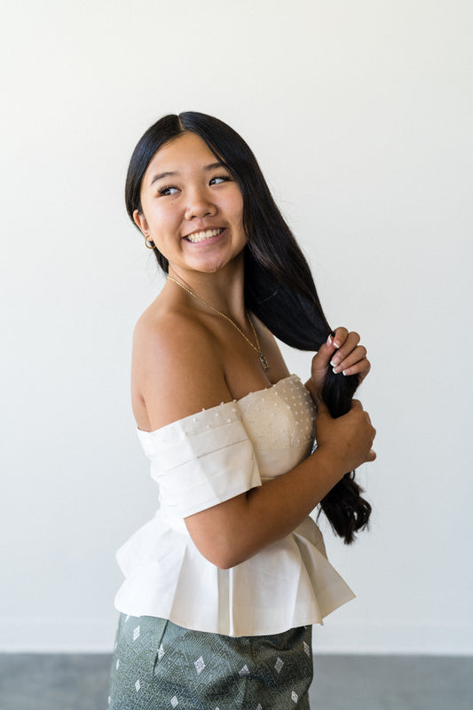 Off-Shoulder Peplum Tops – Modern Lao Style (White)