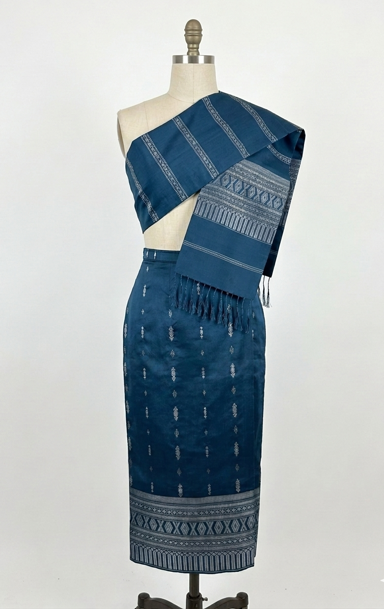 Classic Blue – Traditional Lao Sinh & Pha Biang Set