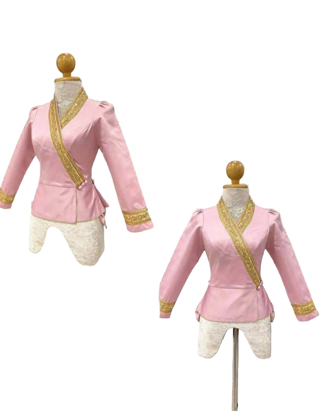 Traditional Lao Peplum Top with Gold Trim Pink