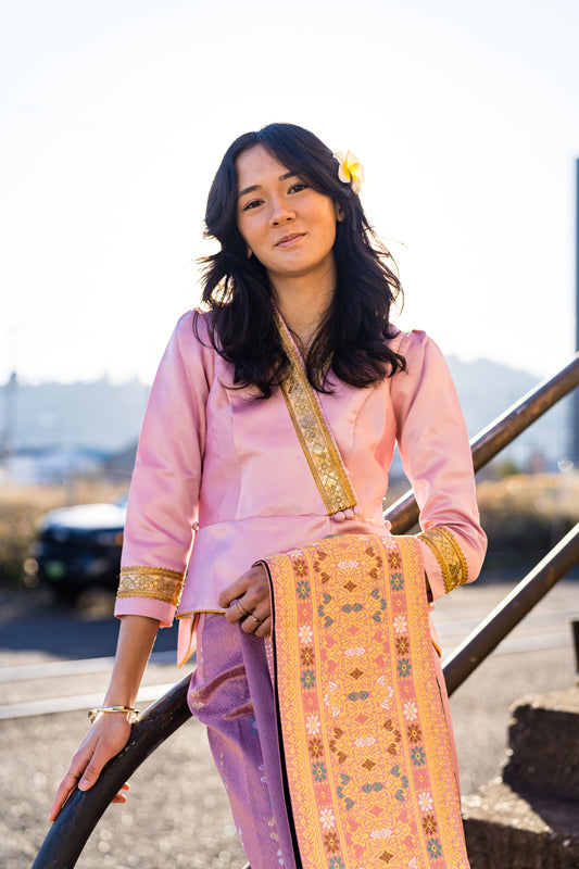 Traditional Lao Peplum Top with Gold Trimming Pink