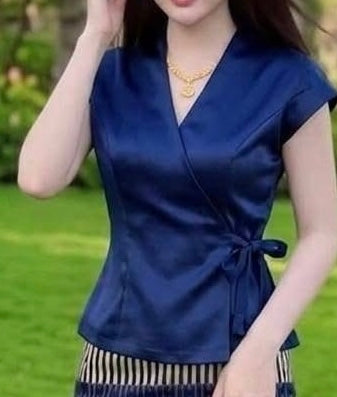 Sleeveless Lao Style Wrap Top - Midnight Sapphire