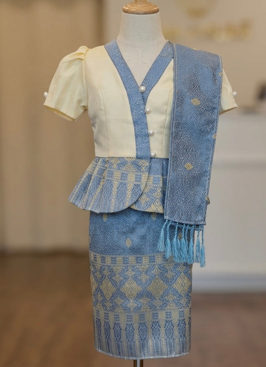 SZ 3 Sky Blue Lao Style Girls Set (Top, Sinh + Pha Biang)