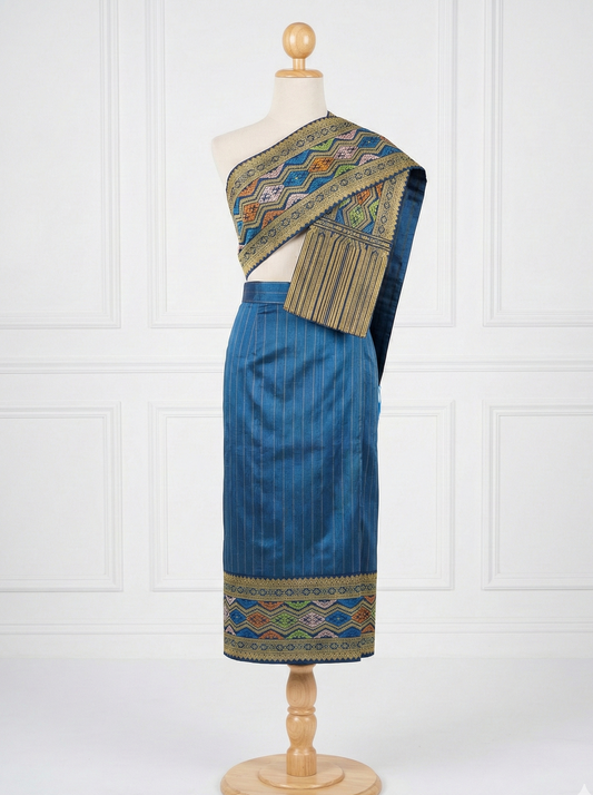 XS - 28” Bright Blue – Traditional Lao Sinh & Pha Biang Set