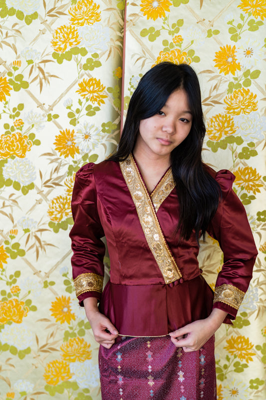 Traditional Lao Peplum Top with Gold Trimming Red