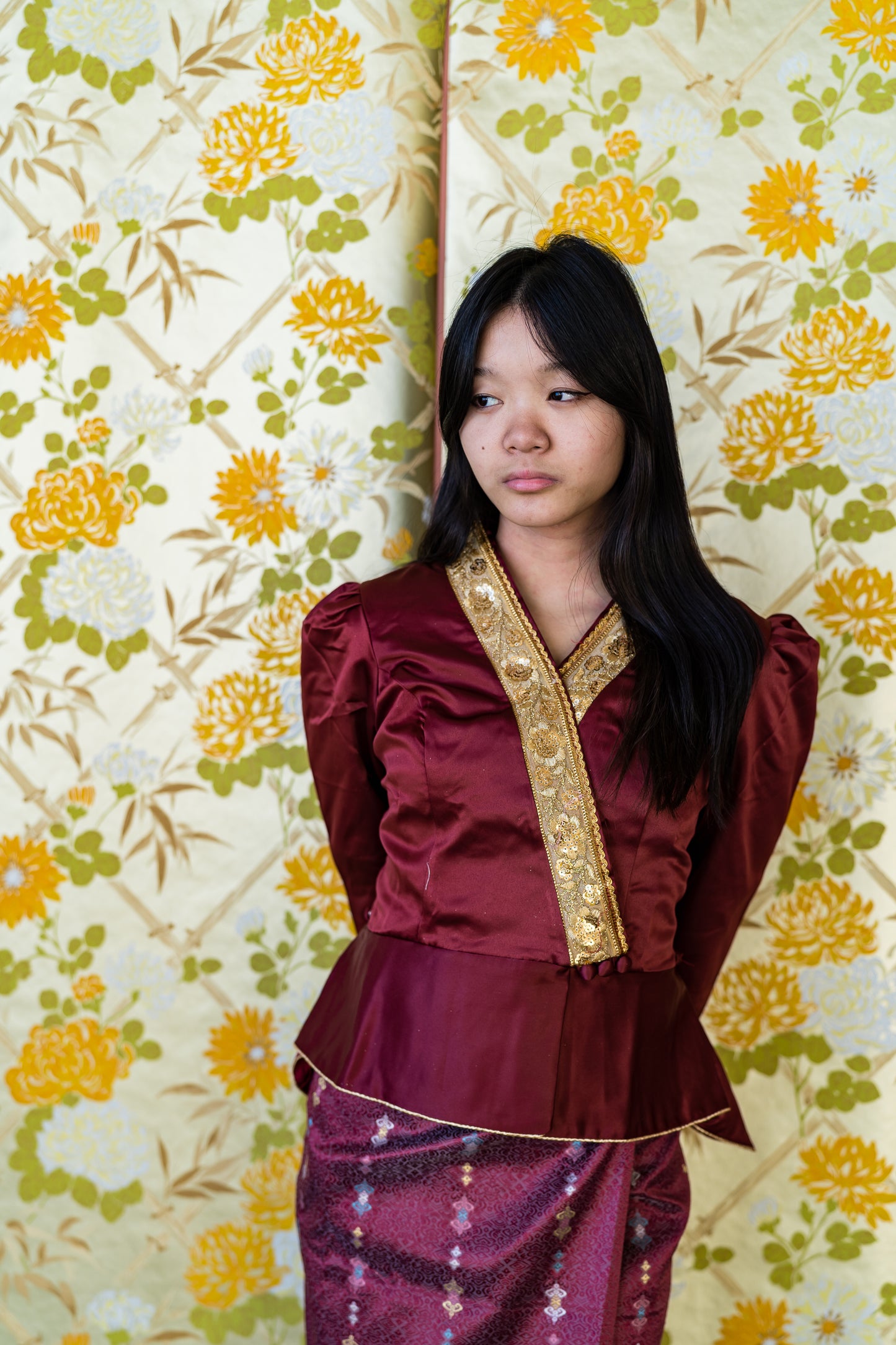 Traditional Lao Peplum Top with Gold Trimming Red