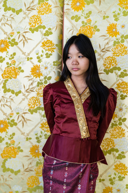 Traditional Lao Peplum Top with Gold Trimming Red