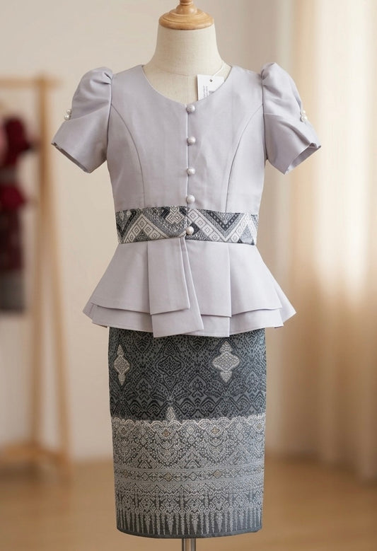 SZ 3 Gray Lao Girls Set (Top + Sinh)