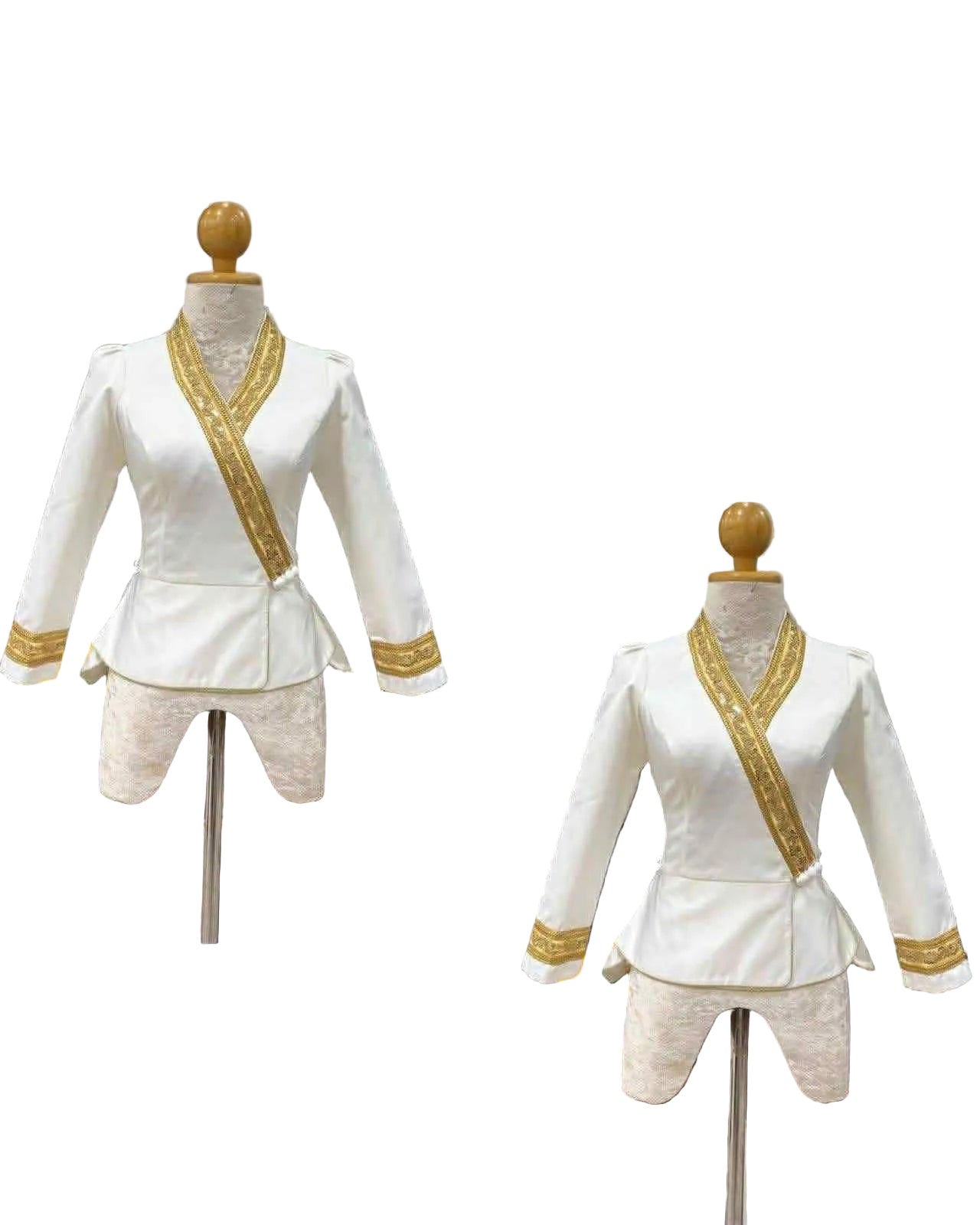 Traditional Lao Peplum Top with Gold Trim White