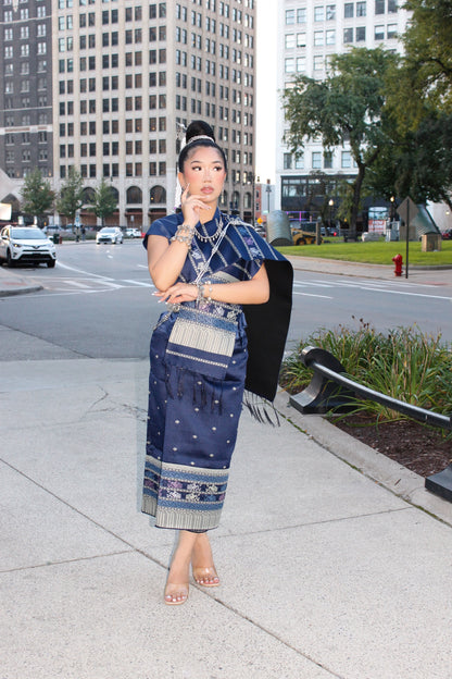 Twilight Blue – Traditional Lao Sinh & Pha Biang Set