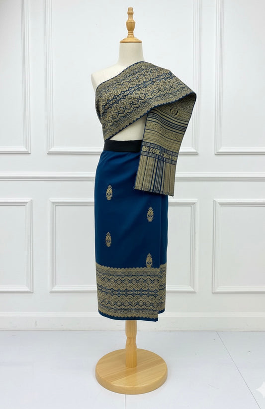 S-30” Midnight Indigo – Traditional Lao Sinh & Pha Biang Set