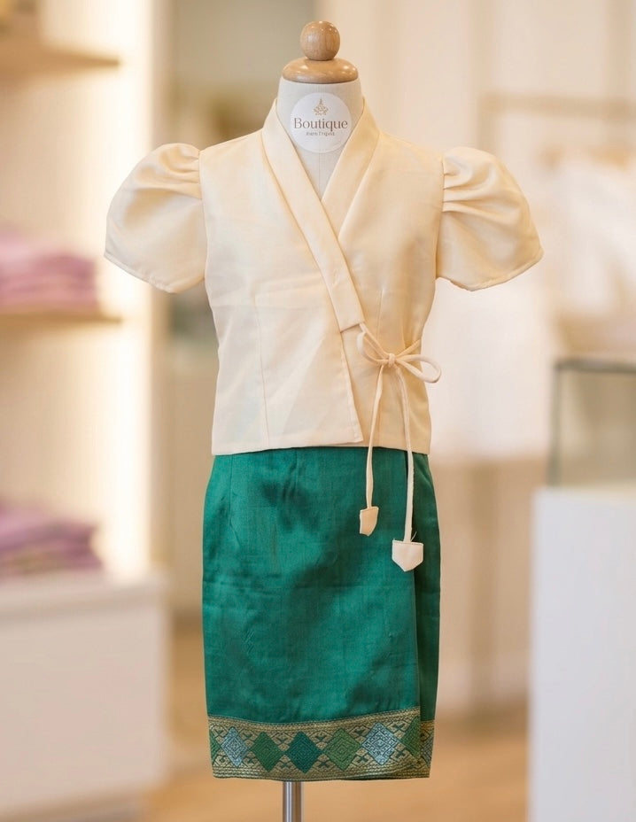 SZ 2 Emerald Cream Lao Girls Set (Top + Sinh)