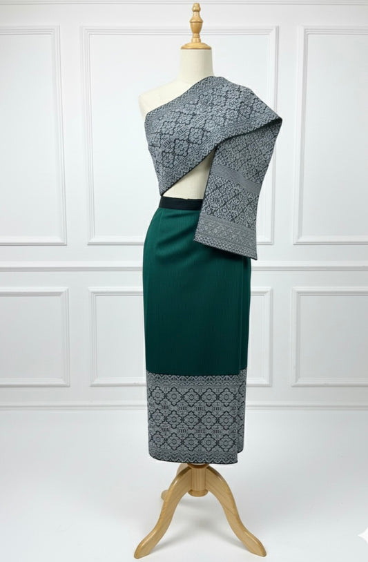 L-34” Emerald Teal – Traditional Lao Sinh & Pha Biang Set