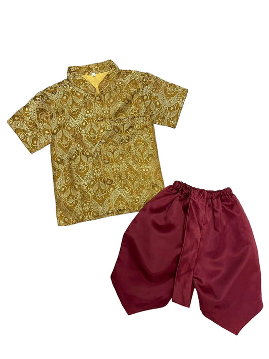Traditional Lao Boys 2pc Set Yellow Red Paisley