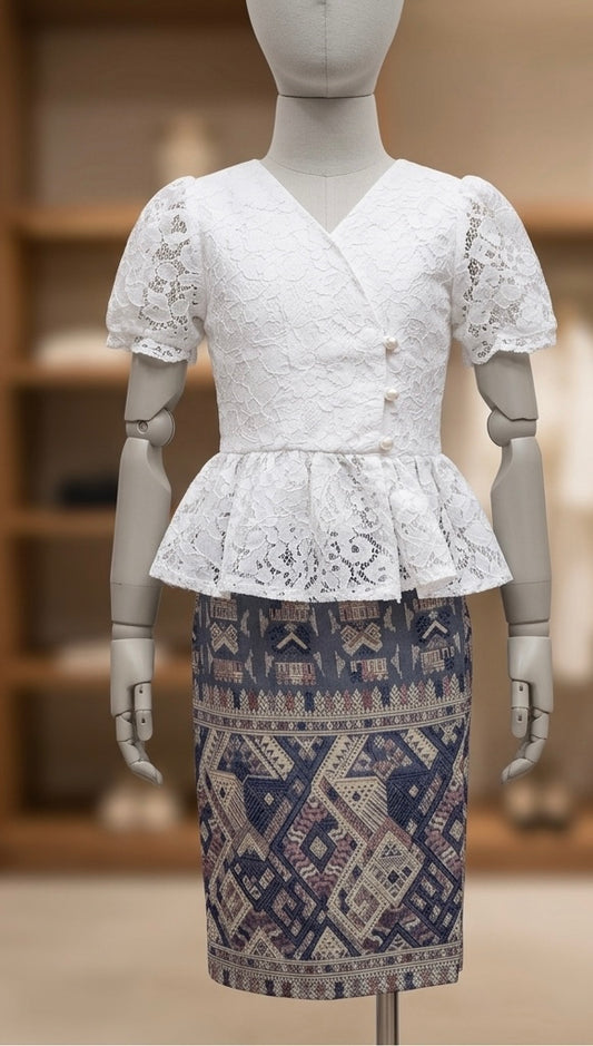 SZ 3 Blue Ethnic/Lace Lao Girls Set (Top + Sinh)