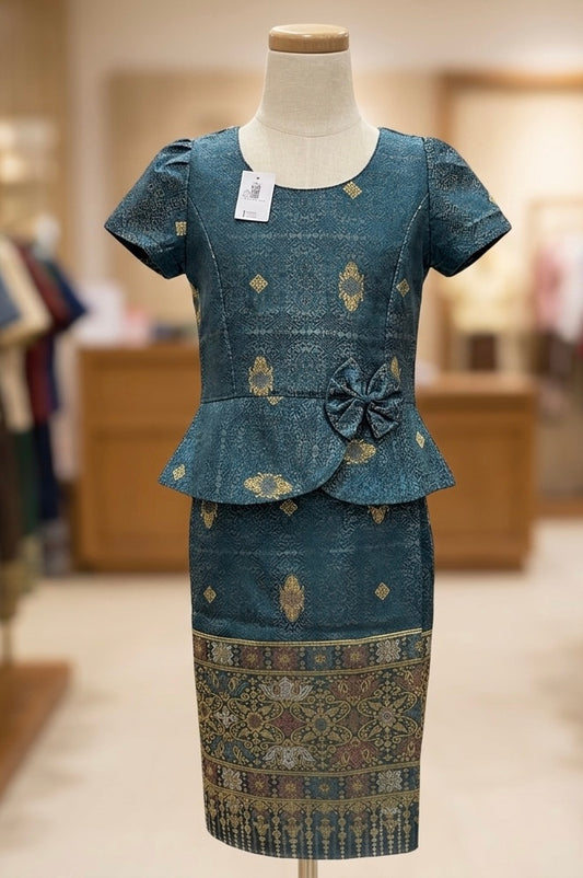 SZ 4 Emerald Bow Lao Girls Set (Top + Sinh)