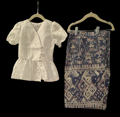 SZ 3 Blue Ethnic/Lace Lao Girls Set (Top + Sinh)