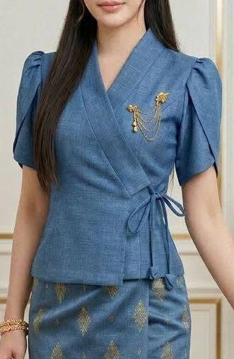 Short Sleeve Lao Wrap Top Denim Blue