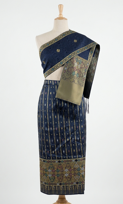 Midnight Sapphire – Traditional Lao Sinh & Pha Biang Set