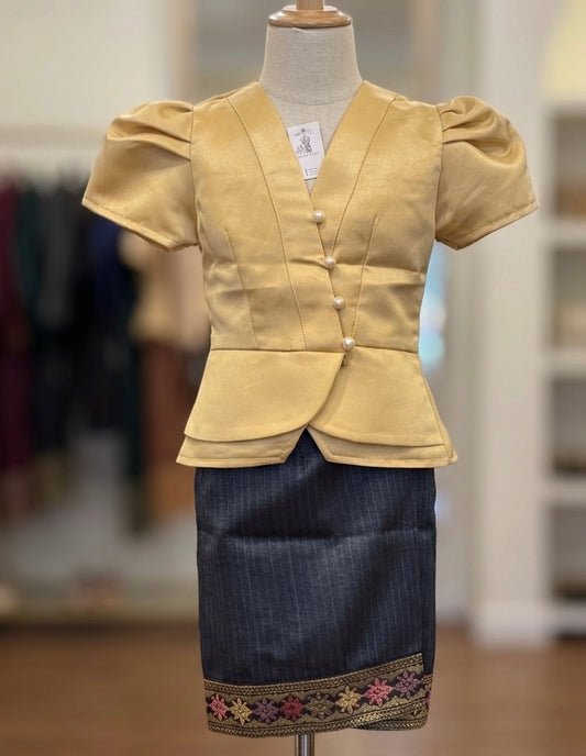 SZ 1 Navy/Gold Lao Girls Set (Top + Sinh)