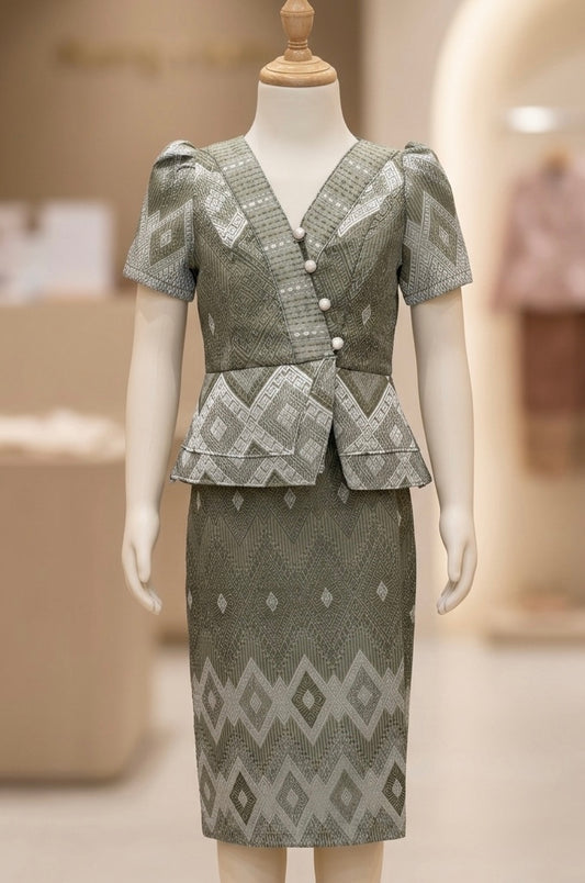 SZ 3 Olive Ethnic Lao Girls Set (Top + Sinh)