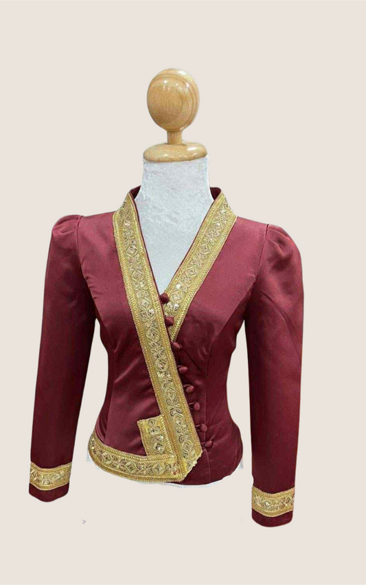 Traditional Lao Blouse with Golden Trim (Maroon)