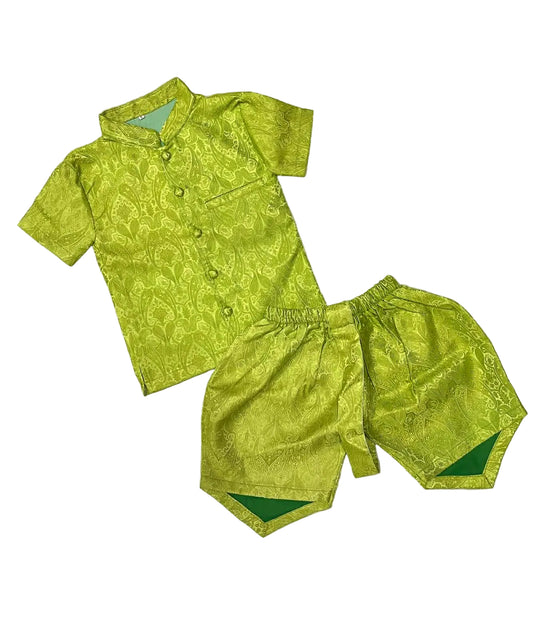 Traditional Lao Boys 2pc Set Neon Chartreuse Paisley