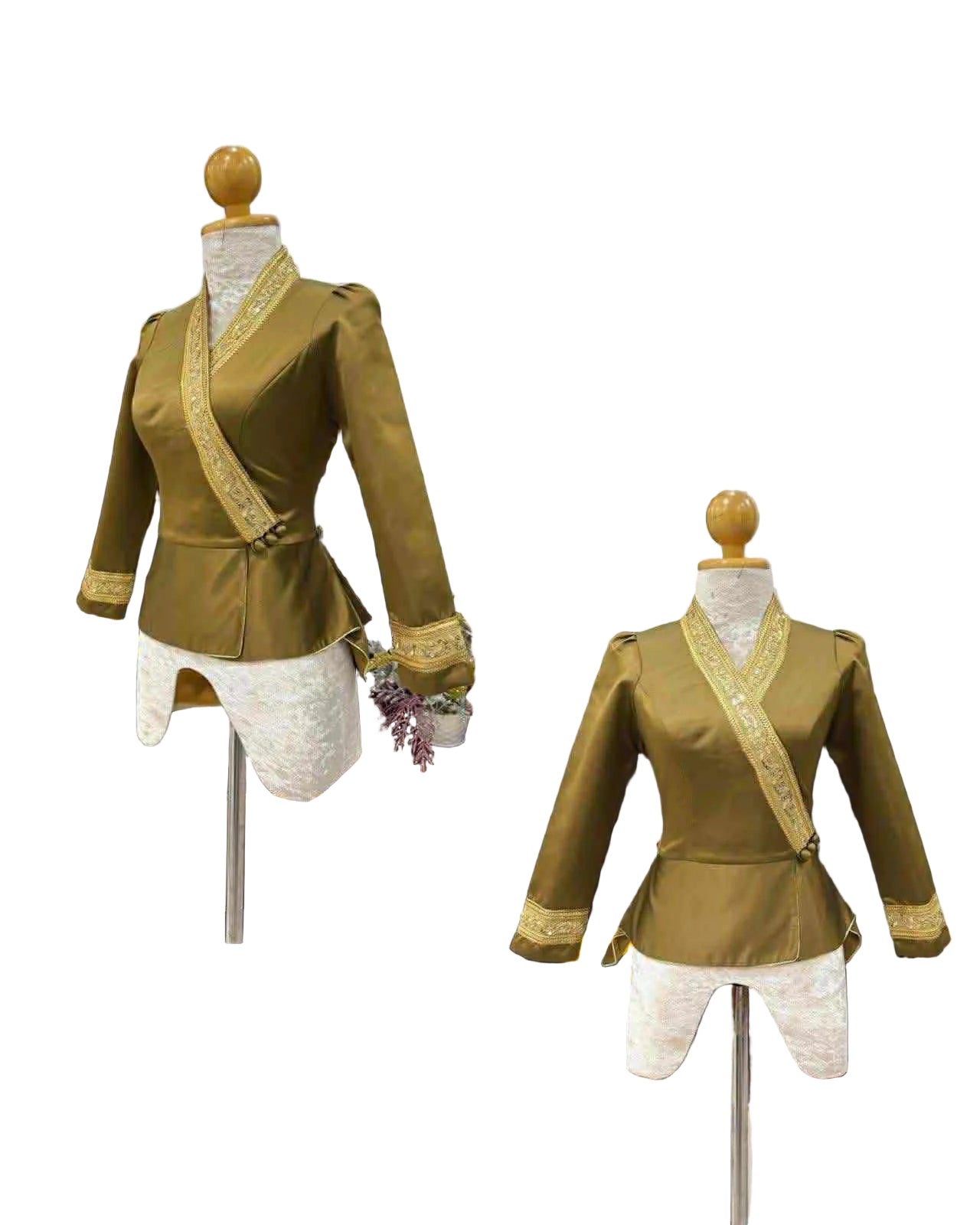 Traditional Lao Peplum Top with Gold Trimming Antique Bronze Gold