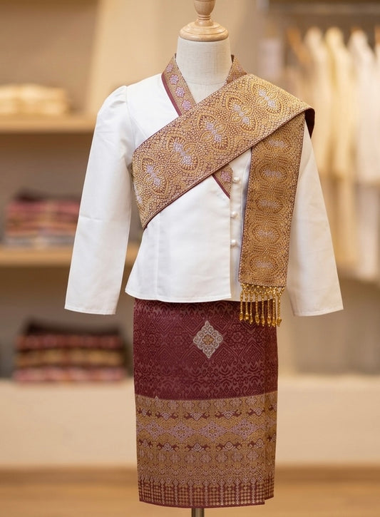 SZ 4 Red Traditional Lao Style Girls Set (Top, Sinh + Pha Biang)