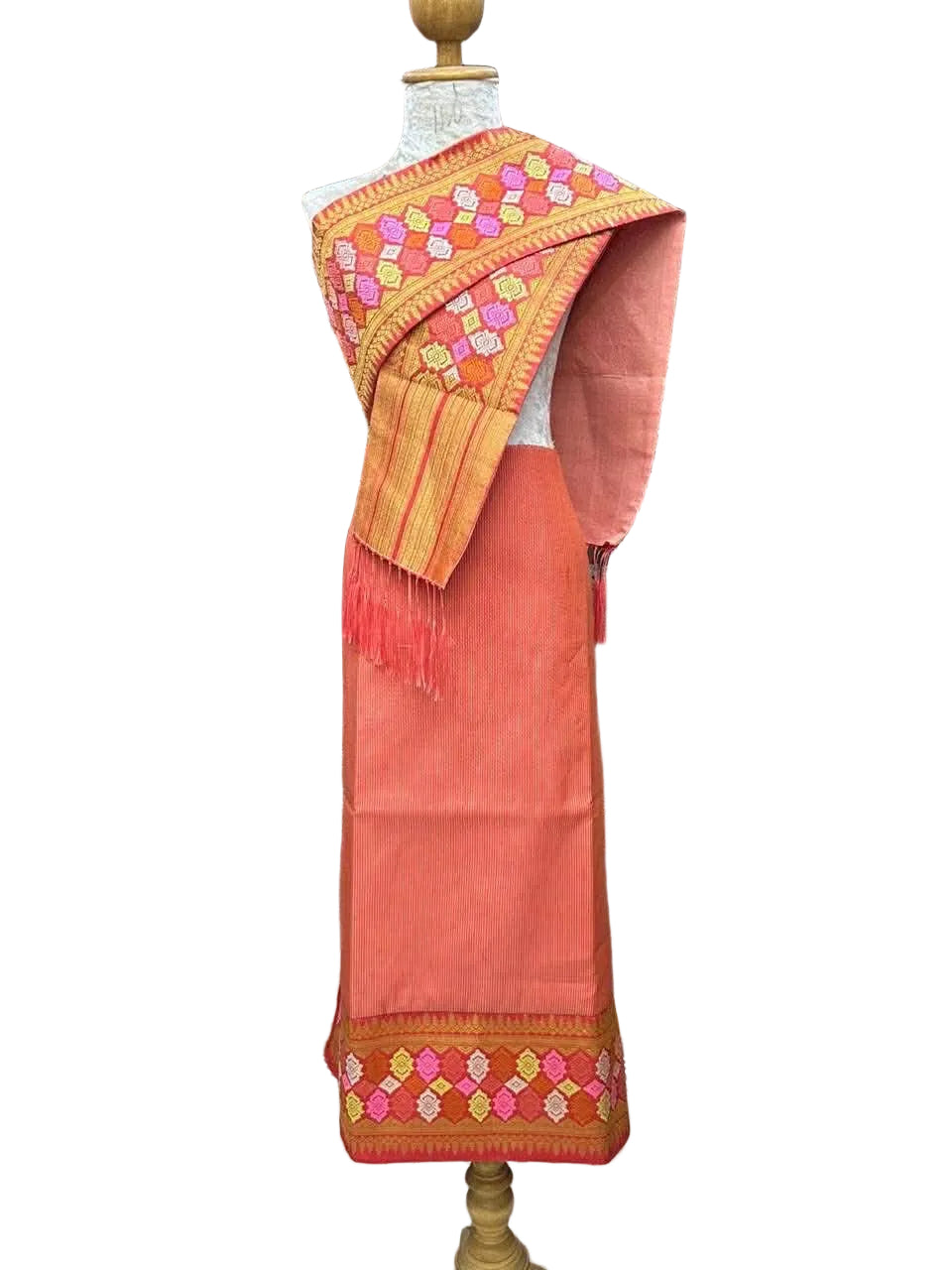 L - 34” Orange Pink Starburst – Traditional Lao Sinh & Pha Biang Set