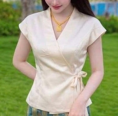 Sleeveless Lao Style Wrap Top - Ivory
