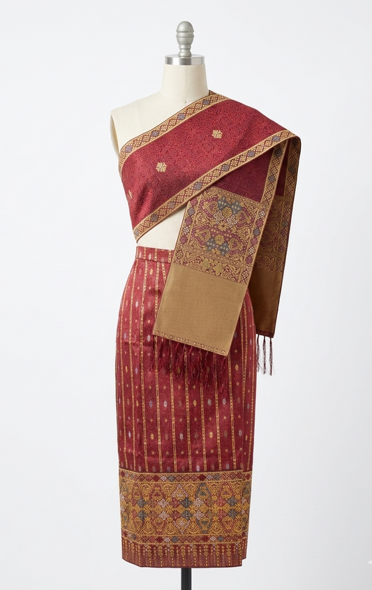 Crimson Ruby – Traditional Lao Sinh & Pha Biang Set