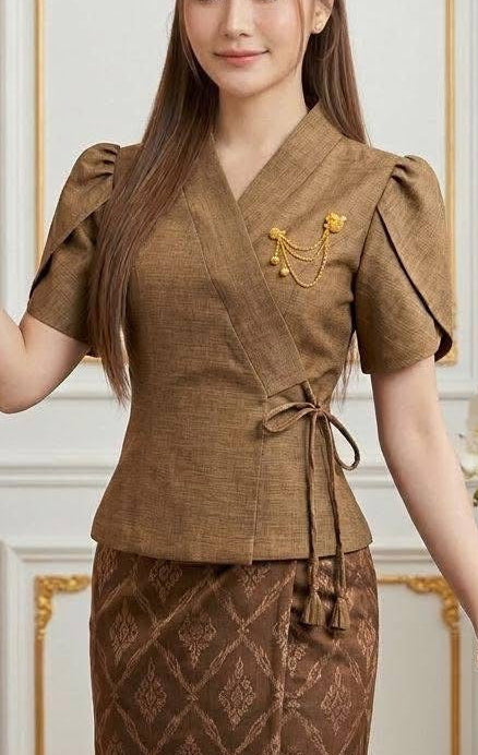 Short Sleeve Lao Wrap Top Denim Brown