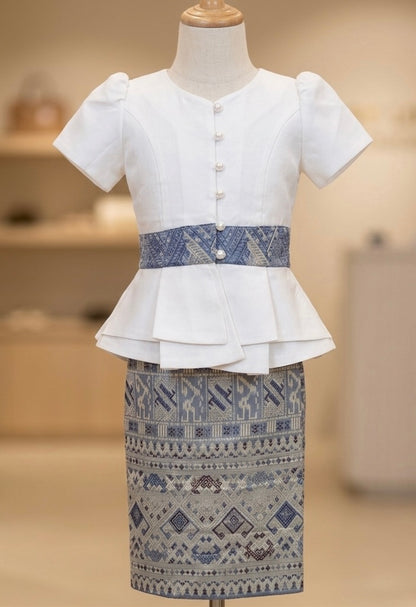 SZ 3 Light Blue Ethnic Lao Girls Set (Top + Sinh)