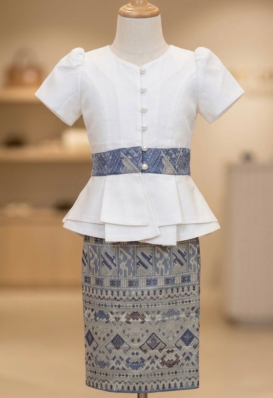 SZ 3 Light Blue Ethnic Lao Girls Set (Top + Sinh)