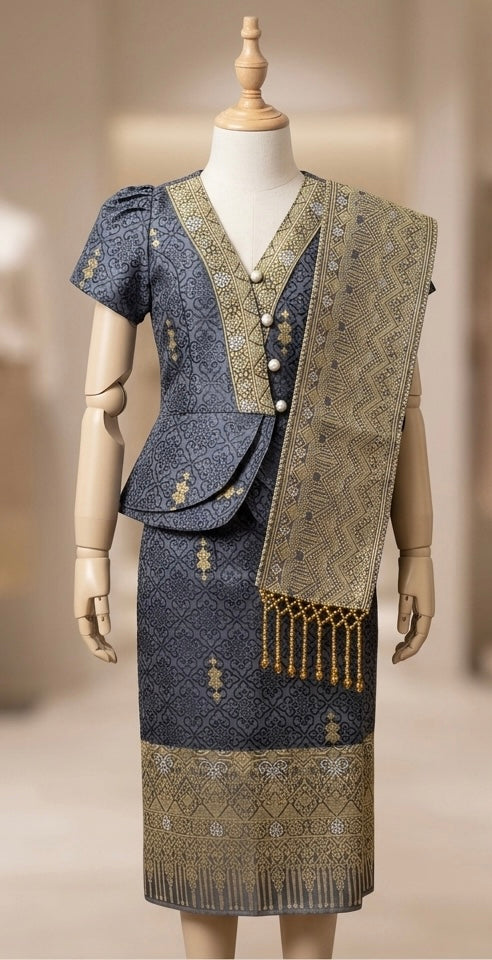 SZ 3 Navy Gold Lao Style Girls Set (Top, Sinh + Pha Biang