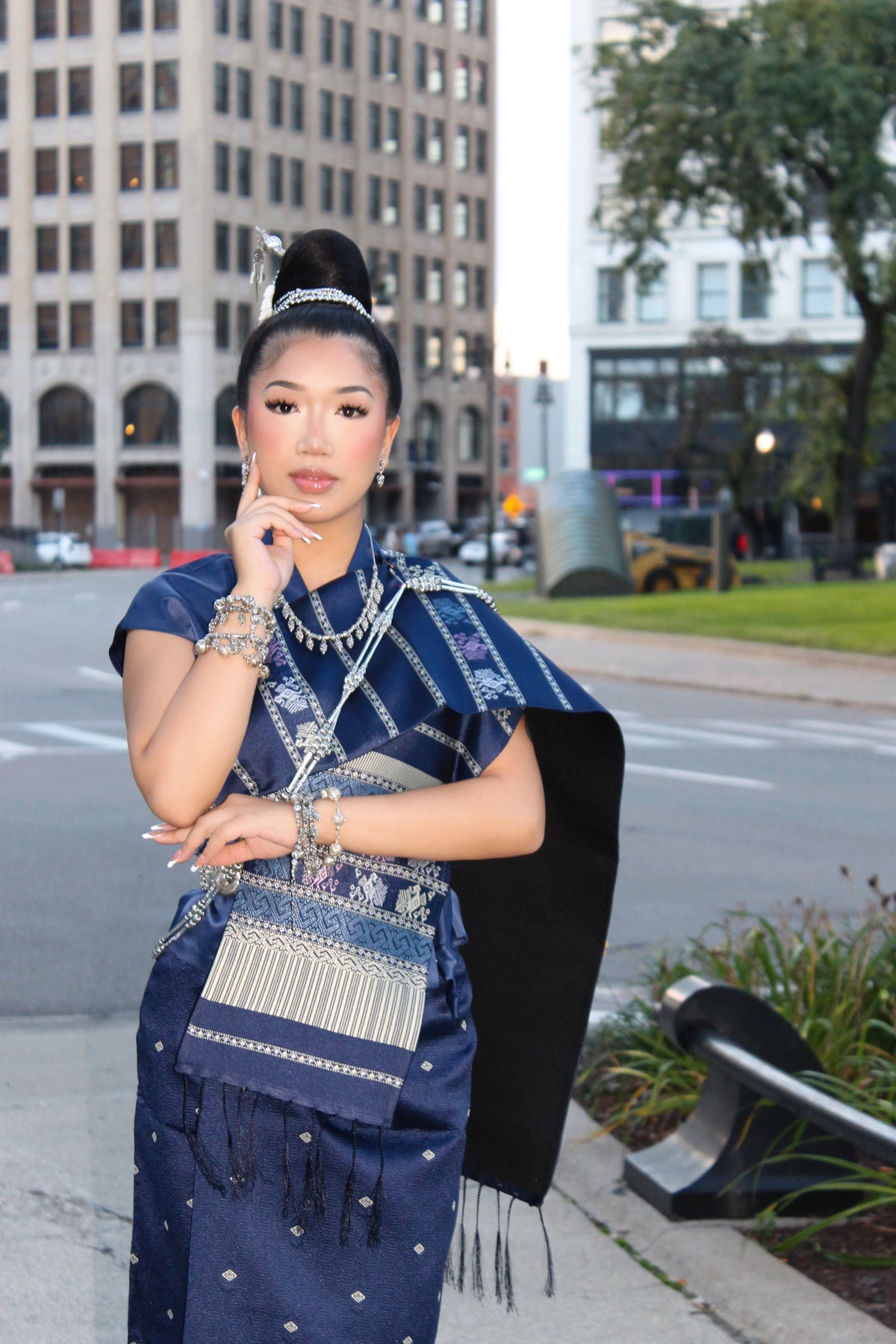 Twilight Blue – Traditional Lao Sinh & Pha Biang Set