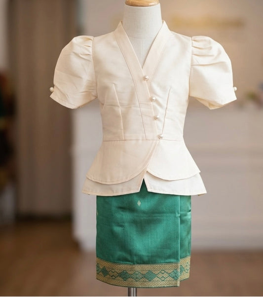 SZ 1 Emerald/Ivory Lao Girls Set (Top + Sinh)