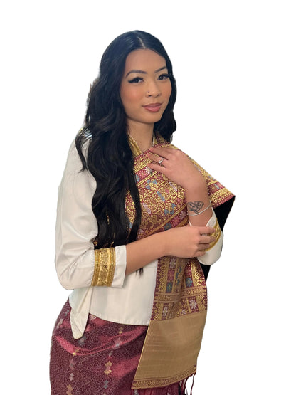 Traditional Lao Peplum Top with Gold Trim White