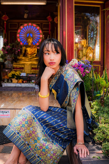 Midnight Sapphire – Traditional Lao Sinh & Pha Biang Set