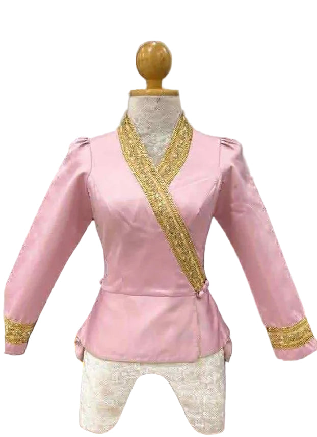 Traditional Lao Peplum Top with Gold Trim Pink