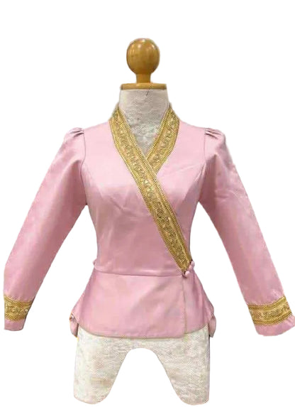 Traditional Lao Peplum Top with Gold Trim Pink