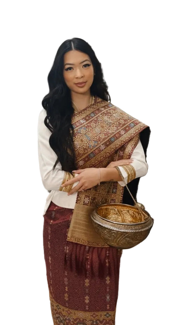 Traditional Lao Peplum Top with Gold Trim White