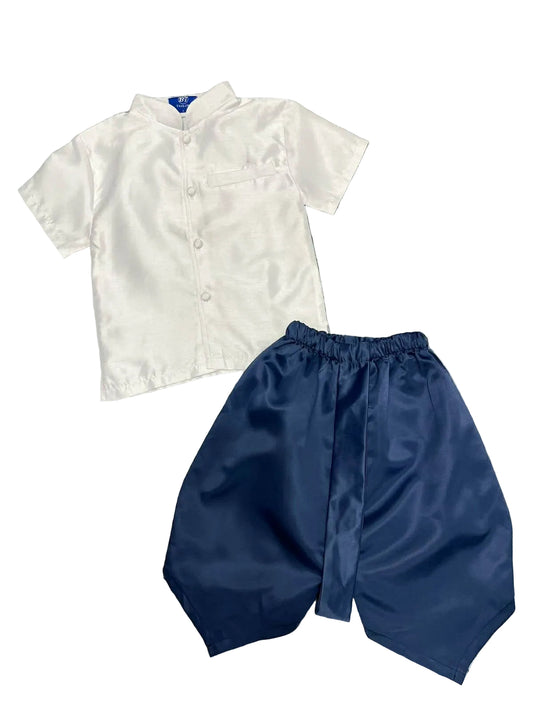 Traditional Lao Boys 2pc Set White/Royal Blue