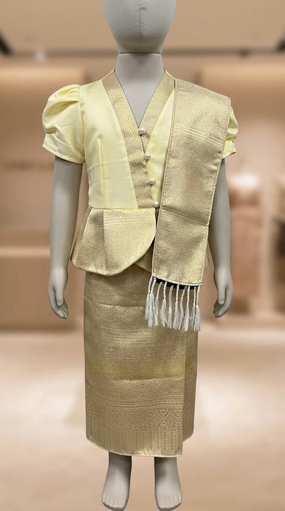 SZ 3 Champagne Gold Lao Style Girls Set (Top, Sinh + Pha Biang