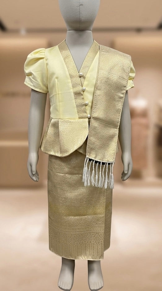 SZ 3 Champagne Gold Lao Style Girls Set (Top, Sinh + Pha Biang