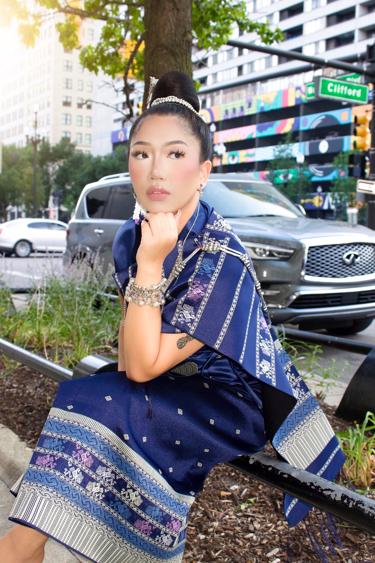 Twilight Blue – Traditional Lao Sinh & Pha Biang Set