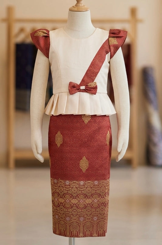 SZ 4 Red Bow Lao Girls Set (Top + Sinh)
