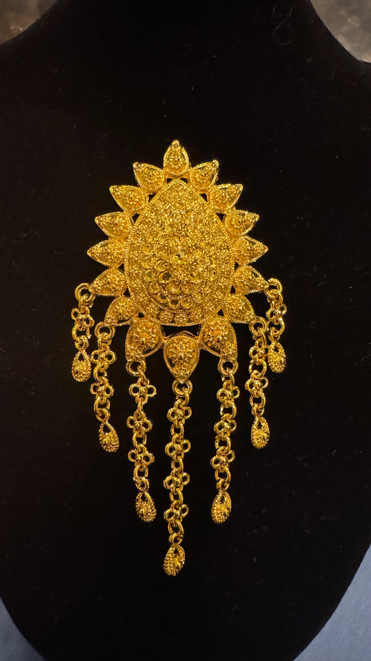 Lao Style Brooch - Gold Teardrop Flower Dangle