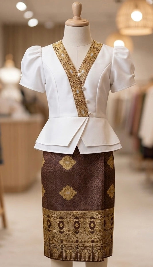 SZ 4 Brown Classic Lao Girls Set (Top + Sinh)