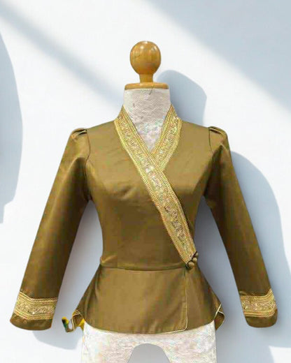 Traditional Lao Peplum Top with Gold Trimming Antique Bronze Gold